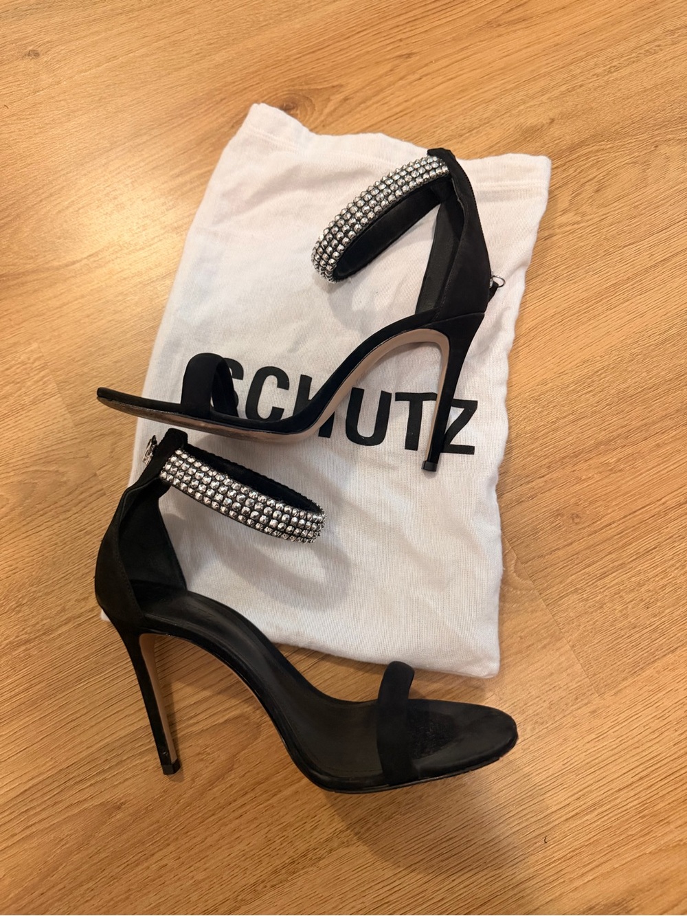 SCHUTZ Black Crystal-Embellished Ankle-Strap Stiletto Sandals